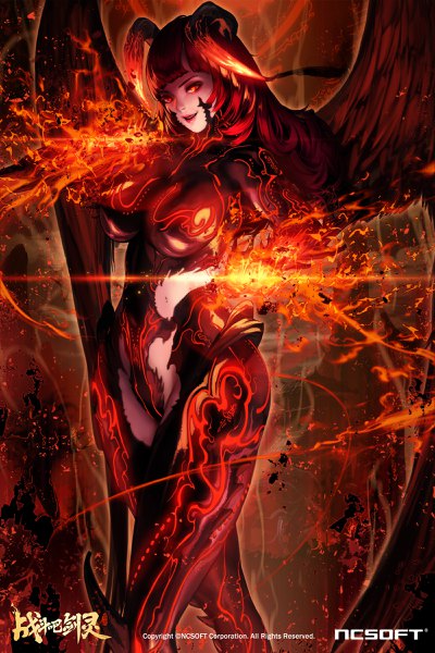 Anime picture 1600x2400 with blade & soul nightmadness single long hair tall image looking at viewer fringe breasts open mouth light erotic red eyes large breasts standing outdoors red hair blunt bangs horn (horns) lips copyright name magic