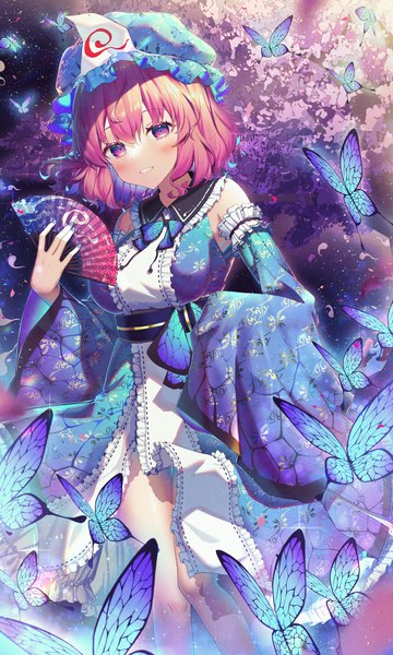 Anime picture 1200x2000 with touhou saigyouji yuyuko kiramarukou single tall image looking at viewer blush fringe short hair hair between eyes pink hair nail polish pink eyes cherry blossoms girl hat detached sleeves insect butterfly bonnet