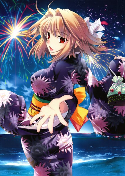 Anime picture 4892x6912 with shingetsutan tsukihime type-moon arcueid brunestud single tall image highres short hair open mouth blonde hair red eyes absurdres japanese clothes looking back fireworks girl bow hair bow kimono sea