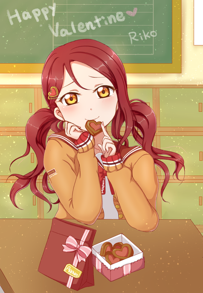 Anime picture 900x1300 with love live! sunshine!! sunrise (studio) love live! sakurauchi riko ariria (nanayuri) single long hair tall image looking at viewer blush fringe hair between eyes sitting twintails yellow eyes upper body red hair light smile low twintails alternate hairstyle