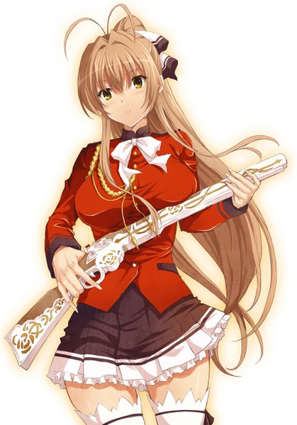 Anime picture 907x1300 with amagi brilliant park kyoto animation sento isuzu tomozo kaoru single long hair tall image looking at viewer brown hair yellow eyes ponytail girl thighhighs skirt bow weapon hair bow white thighhighs gun musket