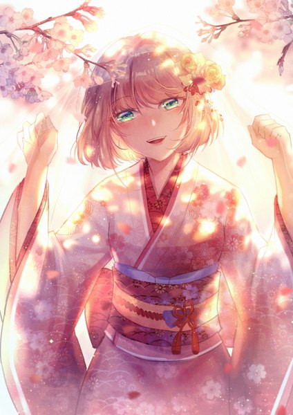 Anime picture 1240x1754 with card captor sakura clamp kinomoto sakura yingsu jiang single tall image blush fringe short hair blonde hair smile standing green eyes blunt bangs traditional clothes head tilt japanese clothes hair flower wide sleeves arms up