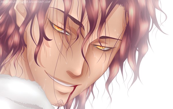 Anime picture 1453x922 with vassalord johnny rayflo holy-red-cockroach single short hair smile brown hair white background yellow eyes sweat close-up face boy blood