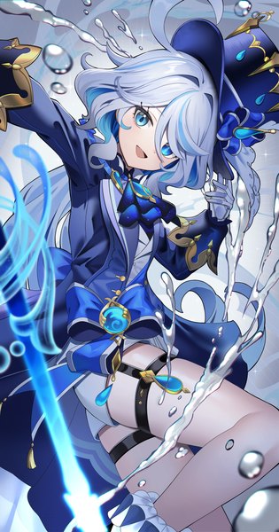 Anime picture 2569x4889 with genshin impact furina (genshin impact) yuujin (yuzinn333) single long hair tall image looking at viewer highres open mouth blue eyes silver hair ahoge :d multicolored hair streaked hair low ponytail girl gloves weapon sword