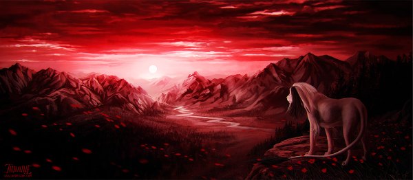 Anime picture 1200x524 with original tanathe (artist) wide image sky cloud (clouds) evening sunset mountain landscape fantasy river flower (flowers) plant (plants) animal tree (trees) sun