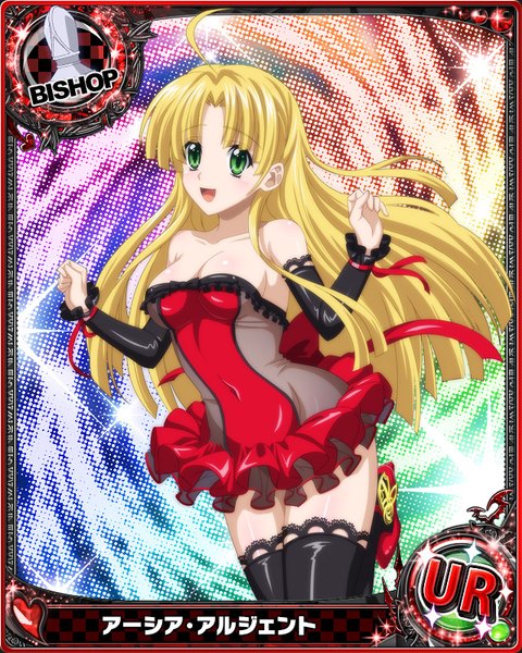 Anime picture 640x800 with highschool dxd asia argento single long hair tall image looking at viewer breasts open mouth light erotic blonde hair green eyes ahoge card (medium) girl thighhighs dress black thighhighs detached sleeves