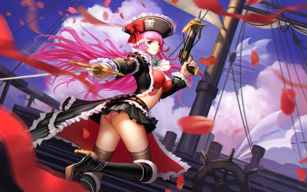 Anime picture 1200x750 with queen's blade queen's blade rebellion captain liliana liang xing single long hair looking at viewer light erotic pink hair sky cloud (clouds) pink eyes pirate girl thighhighs skirt underwear panties weapon black thighhighs