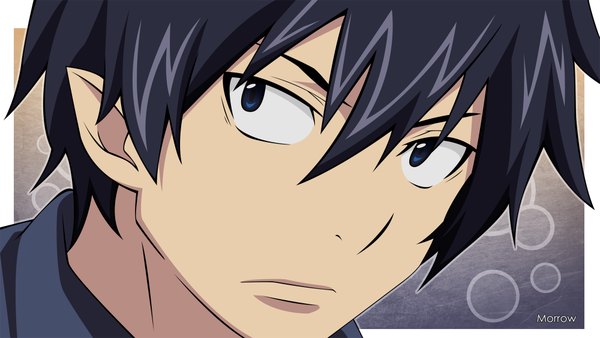 Anime picture 2000x1128 with ao no exorcist a-1 pictures okumura rin morrow single highres short hair blue eyes black hair wide image pointy ears face boy