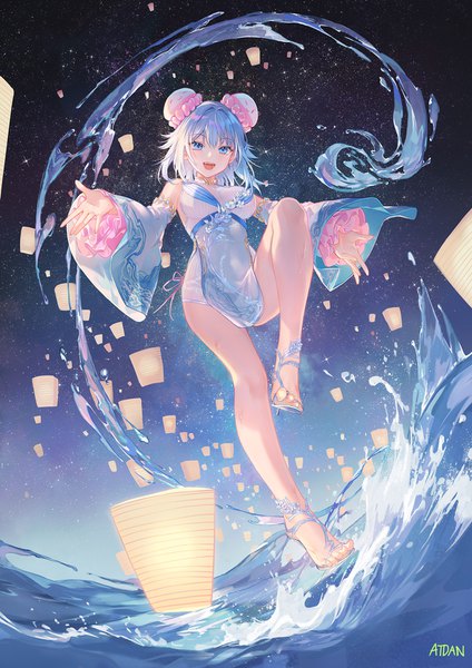 Anime-Bild 1202x1700 mit vocaloid synthesizer v haiyi atdan single tall image looking at viewer blush fringe short hair breasts open mouth blue eyes light erotic smile hair between eyes standing signed blue hair full body