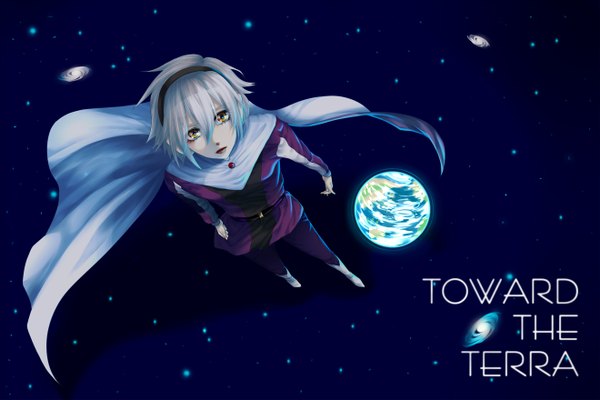 Anime picture 1320x880 with terra e soldier blue kokorozashi nami single looking at viewer short hair yellow eyes white hair copyright name boy uniform hairband star (stars) cloak suit planet galaxy