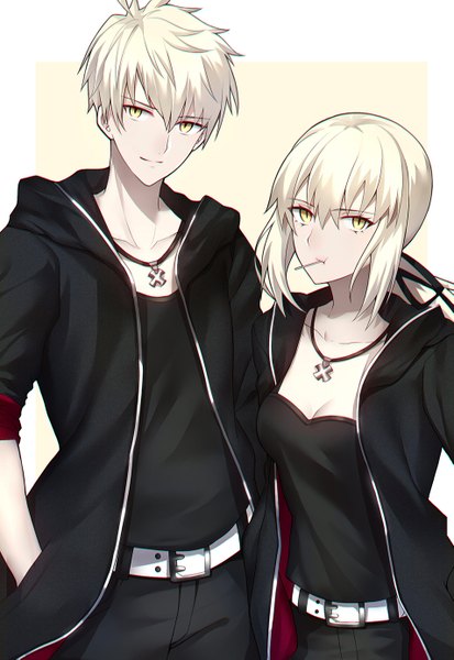 Anime picture 953x1382 with fate (series) fate/grand order fate/prototype artoria pendragon (all) saber alter arthur pendragon (fate) shiguru long hair tall image looking at viewer fringe short hair breasts simple background blonde hair smile hair between eyes standing yellow eyes payot