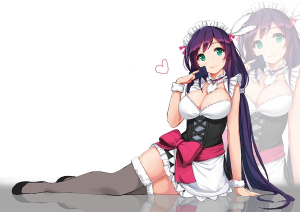 Anime picture 1400x990 with love live! school idol project sunrise (studio) love live! toujou nozomi nuclear warhead (anti) single long hair fringe breasts light erotic large breasts white background twintails holding cleavage purple hair arm support maid alternate costume sleeveless