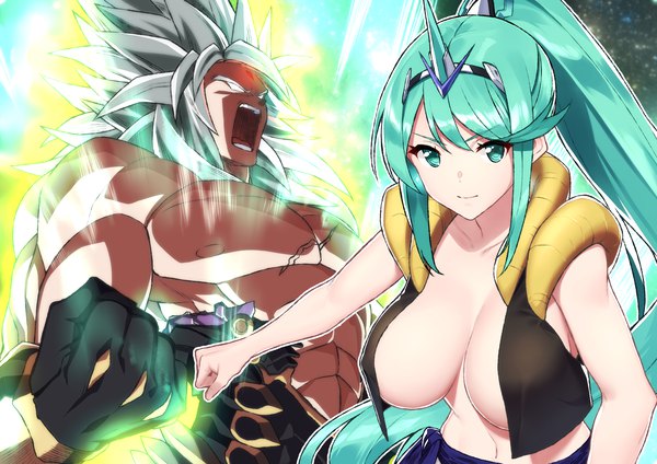 Anime picture 3541x2507 with dragon ball dragon ball super broly xenoblade xenoblade 2 son goku vegeta pneuma (xenoblade) gogeta broly shin (xenoblade) baffu long hair looking at viewer fringe highres breasts open mouth light erotic hair between eyes large breasts