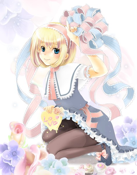 Anime picture 1000x1271 with touhou alice margatroid mori3 (artist) single tall image blush short hair blue eyes blonde hair girl dress flower (flowers) ribbon (ribbons) food hairband sweets