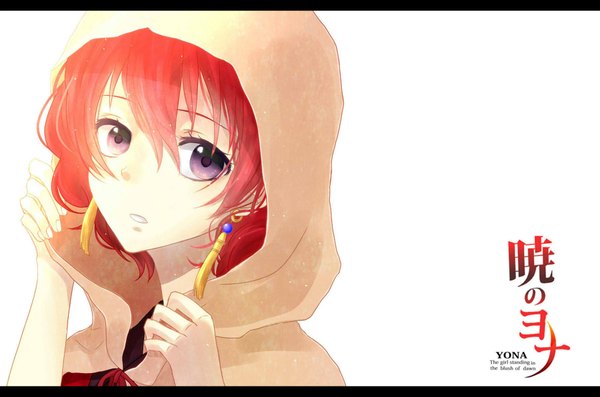 Anime picture 1800x1193 with akatsuki no yona studio pierrot yona (akatsuki no yona) haku (pixiv 2868363) single looking at viewer highres short hair simple background white background purple eyes red hair parted lips inscription wavy hair adjusting hood princess girl earrings hood