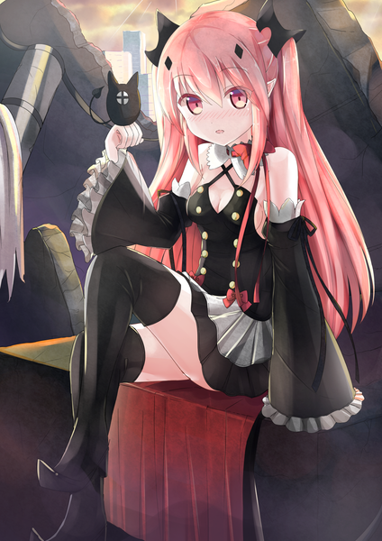 Anime picture 1013x1433 with owari no seraph wit studio kururu tepes arukanu takapii single long hair tall image looking at viewer blush fringe breasts open mouth hair between eyes sitting twintails bare shoulders payot looking away pink hair