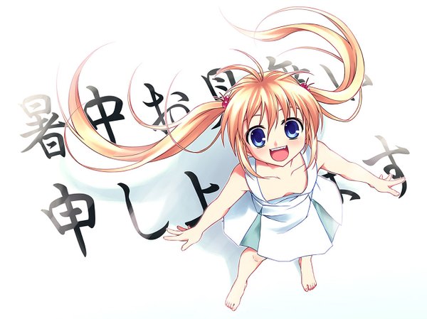 Anime picture 1291x968 with tagme (copyright) tagme (artist) single long hair fringe open mouth blue eyes blonde hair hair between eyes white background twintails bare shoulders full body barefoot inscription bare legs loli sleeveless happy spread arms