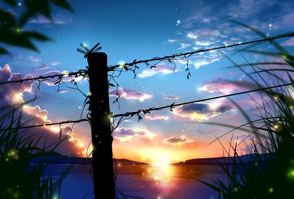 Anime picture 1600x1080 with original akine eiri sky cloud (clouds) outdoors evening sunset horizon no people scenic lake plant (plants) insect star (stars) grass fireflies vines dragonfly