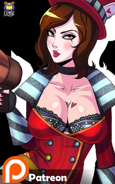 Anime picture 567x900 with borderlands mad moxxi kyoffie12 single tall image short hair breasts light erotic simple background brown hair large breasts green eyes lips mole lipstick black background eyebrows red lipstick makeup girl