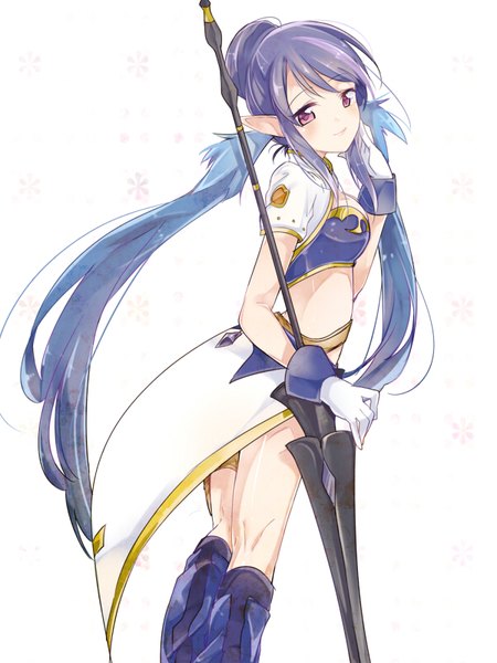Anime-Bild 600x800 mit tales of (series) tales of vesperia judith minmii (minmi078) single long hair tall image looking at viewer blush fringe smile white background payot blue hair purple hair pink eyes looking back pointy ears hair bun (hair buns) floral background