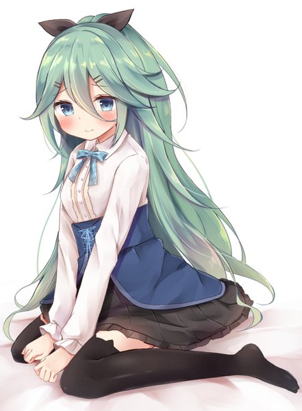 Anime picture 904x1229 with kantai collection yamakaze (kantai collection) masayo (gin no ame) single long hair tall image looking at viewer blush fringe blue eyes simple background smile hair between eyes white background sitting full body ponytail green hair alternate costume no shoes