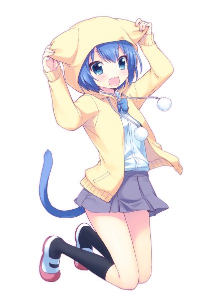 Anime picture 850x1200 with original onka usashiro mani single tall image blush short hair open mouth blue eyes simple background white background animal ears blue hair tail animal tail cat ears cat tail kneeling girl socks
