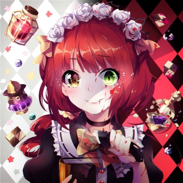 Anime picture 1000x1000 with original squchan single long hair looking at viewer blush fringe smile holding green eyes yellow eyes upper body red hair hair flower lips sparkle shadow short sleeves puffy sleeves tears