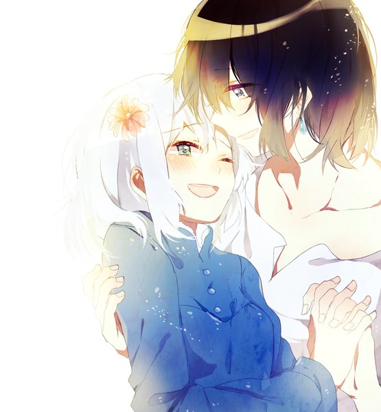 Anime picture 1850x2000 with howl's moving castle studio ghibli howl sophie hatter suzukiko tall image blush fringe highres short hair open mouth blue eyes black hair simple background white background green eyes white hair hair flower couple happy
