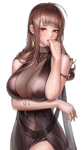 Anime picture 629x1126 with girls frontline dsr-50 (girls frontline) monaim single long hair tall image looking at viewer blush fringe breasts open mouth light erotic simple background hair between eyes red eyes brown hair large breasts standing white background bare shoulders