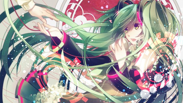 Anime picture 1646x926 with vocaloid hatsune miku macco (artist) single long hair open mouth wide image twintails green eyes aqua hair outstretched arm girl detached sleeves wire (wires)
