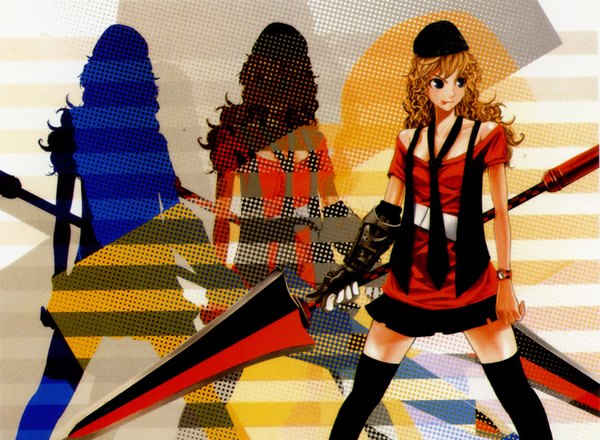 Anime picture 2076x1524 with pixiv girls collection 2010 long hair highres blue eyes blonde hair scan shadow wavy hair striped silhouette curly hair striped background girl thighhighs weapon black thighhighs necktie tongue beret clock