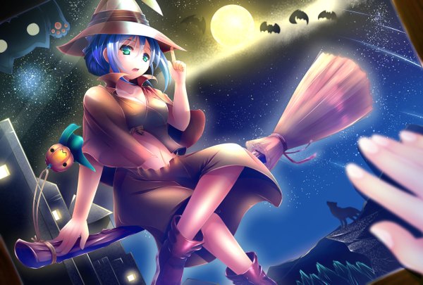 Anime picture 1250x845 with fuuki (nicoseiga) single short hair open mouth green eyes blue hair halloween witch girl dress animal boots moon star (stars) witch hat broom bat wolf