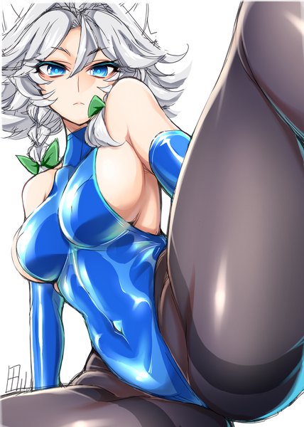 Anime picture 1000x1400 with touhou izayoi sakuya tajima yuuki single tall image looking at viewer fringe short hair breasts blue eyes light erotic simple background hair between eyes large breasts white background silver hair ass braid (braids) spread legs alternate costume