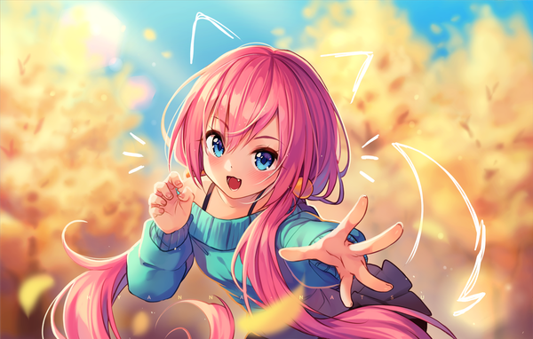 Anime picture 1254x800 with original hyanna-natsu single long hair looking at viewer blush fringe open mouth blue eyes smile hair between eyes standing twintails payot pink hair sky outdoors long sleeves :d blurry