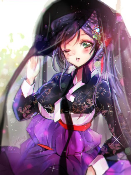 Anime picture 600x800 with love live! school idol project sunrise (studio) love live! toujou nozomi deeple single long hair tall image looking at viewer blush green eyes signed purple hair parted lips one eye closed wink alternate costume shiny girl hair ornament