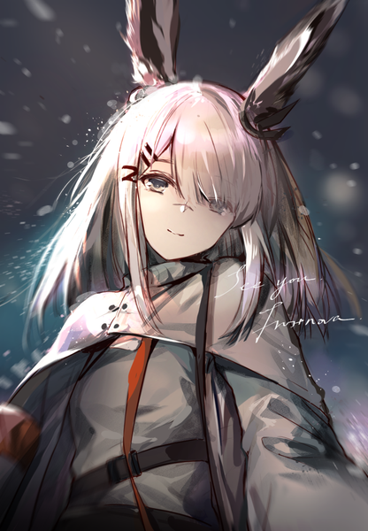 Anime picture 694x1000 with arknights frostnova (arknights) kita (kitairoha) single long hair tall image looking at viewer fringe animal ears silver hair upper body head tilt grey eyes bunny ears text scar girl mantle