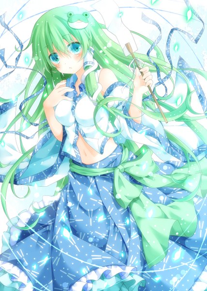 Anime picture 1000x1400 with touhou kochiya sanae mog (artist) single long hair tall image looking at viewer blush green eyes green hair midriff miko girl hair ornament detached sleeves hair tubes ofuda