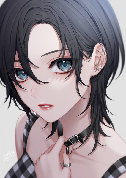 Anime picture 848x1200 with original ca yu single tall image looking at viewer short hair blue eyes black hair upper body nail polish parted lips grey background lipstick piercing ear piercing red lipstick black nail polish girl choker ring