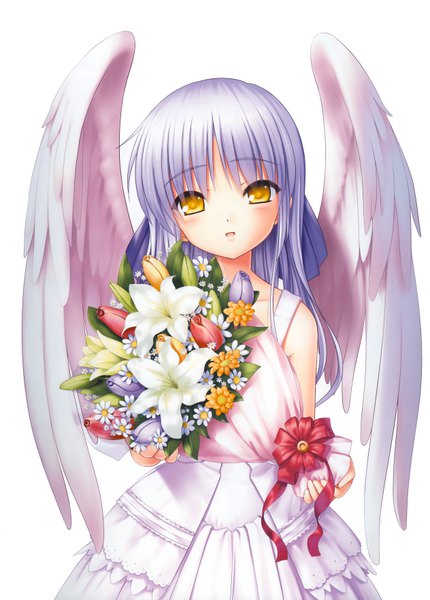 Anime picture 5052x7044 with angel beats! key (studio) tachibana kanade na-ga single long hair tall image looking at viewer fringe highres simple background white background yellow eyes absurdres silver hair parted lips sleeveless angel wings girl dress