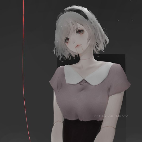 Anime picture 1344x1344 with original aoi ogata single fringe short hair simple background signed looking away upper body head tilt grey hair black eyes grey background short sleeves blood on face doll joints girl blood headband
