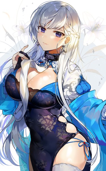Anime picture 560x900 with azur lane belfast (azur lane) belfast (iridescent rose) (azur lane) gijang single long hair tall image looking at viewer blush fringe breasts blue eyes light erotic large breasts standing signed cleavage silver hair braid (braids) traditional clothes