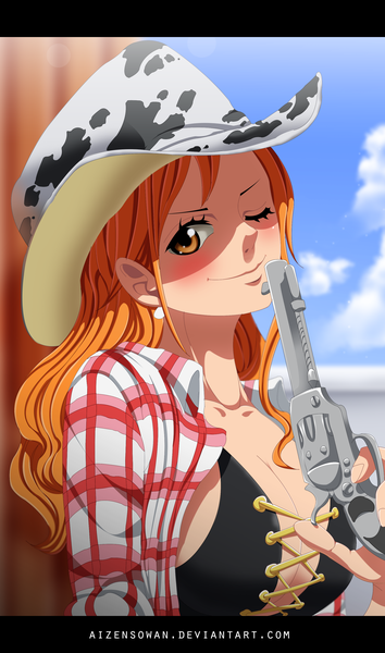 Anime picture 2000x3384 with one piece toei animation nami (one piece) aizen sowan single long hair tall image looking at viewer blush fringe highres breasts light erotic smile hair between eyes large breasts holding brown eyes signed sky