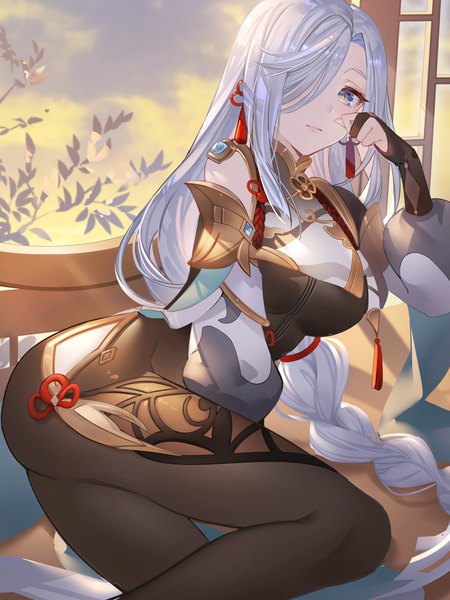 Anime picture 2500x3333 with genshin impact shenhe (genshin impact) noir eku single long hair tall image looking at viewer blush fringe highres breasts blue eyes light erotic large breasts sky silver hair cloud (clouds) ass indoors braid (braids)