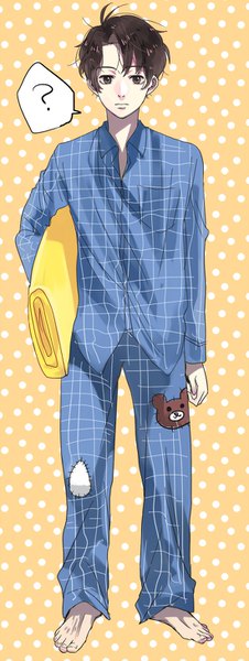 Anime picture 550x1460 with aldnoah.zero a-1 pictures kaizuka inaho junka-sakura single tall image looking at viewer fringe short hair brown hair standing holding brown eyes full body ahoge barefoot open collar polka dot yellow background plaid