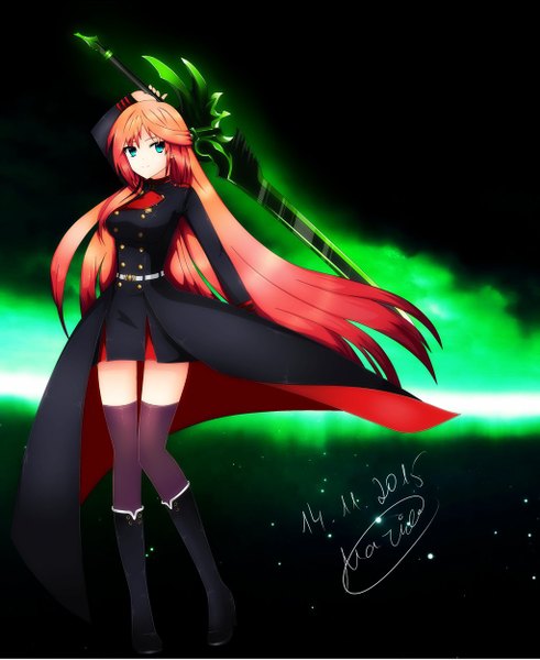 Anime picture 1024x1252 with owari no seraph original wit studio summerlife92 single long hair tall image fringe smile holding signed payot looking away red hair long sleeves arm up aqua eyes zettai ryouiki dated black background