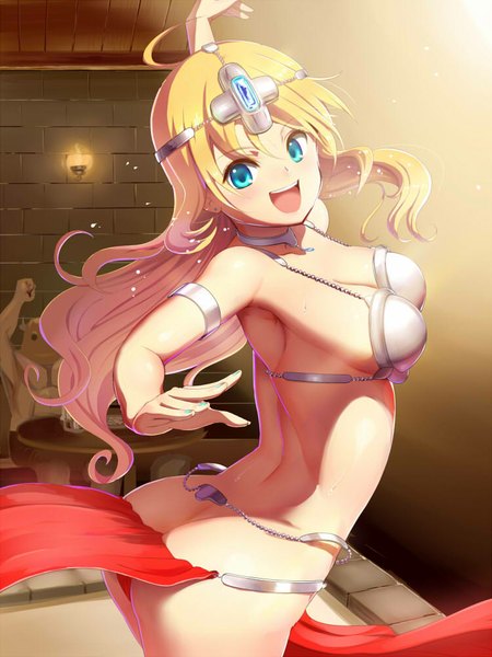 Anime picture 750x1000 with idolmaster idolmaster (classic) dragon quest dragon quest iv hoshii miki manya (dq4) halo0001 single long hair tall image looking at viewer blush breasts open mouth light erotic blonde hair ahoge ass nail polish aqua eyes