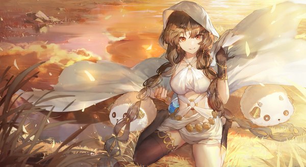 Anime picture 4096x2231 with original messikid single highres red eyes brown hair wide image sitting looking away absurdres outdoors very long hair light smile wariza reflection asymmetrical legwear girl thighhighs gloves hair ornament