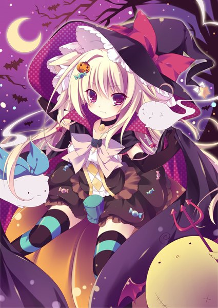 Anime picture 708x1000 with original millcutto single long hair tall image looking at viewer purple eyes white hair halloween witch girl thighhighs dress gloves bow hat black gloves elbow gloves witch hat striped thighhighs