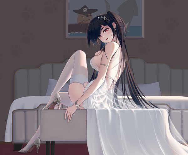 Anime picture 5700x4700 with azur lane taihou (azur lane) taihou (temptation on the sea breeze) (azur lane) icycore single long hair looking at viewer fringe highres breasts open mouth light erotic black hair red eyes large breasts sitting bare shoulders absurdres bent knee (knees) high heels