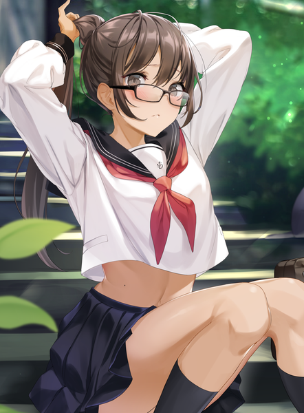 Anime picture 1473x2000 with original ikomochi single long hair tall image looking at viewer blush fringe hair between eyes brown hair sitting brown eyes payot bent knee (knees) ponytail long sleeves pleated skirt blurry mole arms up